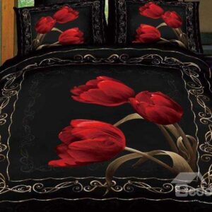 New Arrival Beautiful Red Tulips Print 4 Piece Bedding Sets