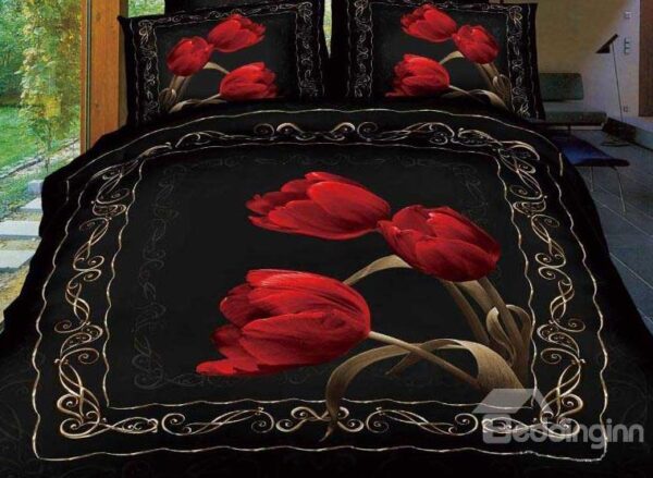 New Arrival Beautiful Red Tulips Print 4 Piece Bedding Sets