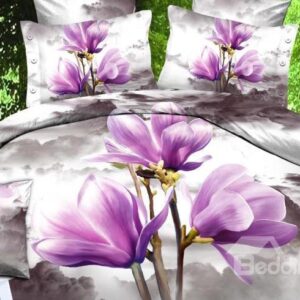 New Arrival Gorgeous Light Purple Flowers Print 4 Piece Bedding Sets