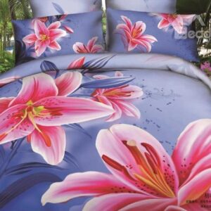 New Arrival Beautiful Pink Lily Flowers Print 4 Piece Bedding Sets
