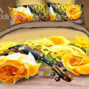 New Arrival Beautiful Yellow Roses and Violin Print 4 Piece Bedding Sets