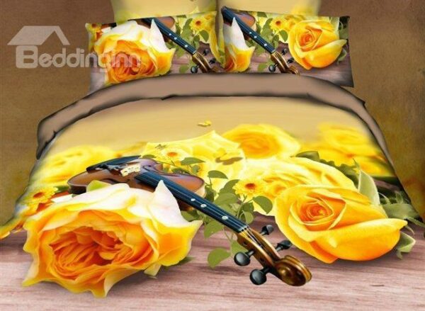 New Arrival Beautiful Yellow Roses and Violin Print 4 Piece Bedding Sets