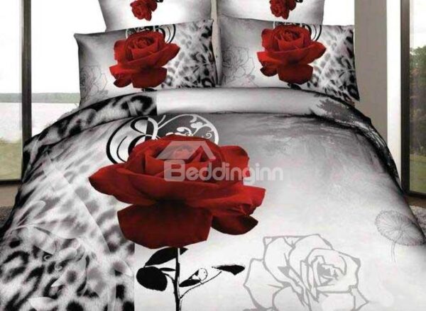 New Arrival Oil-painting Style Beautiful Red Rose and Print 4 Piece Bedding Sets