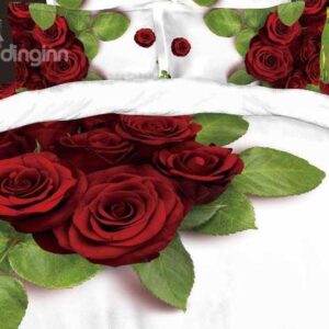 New Arrival Beautiful Red Roses and Green Leaves Patterns 4 Piece Bedding Sets