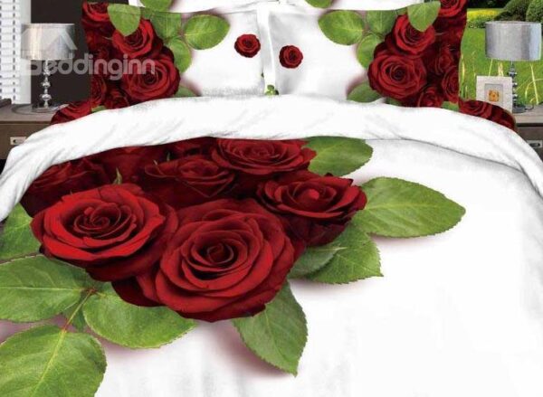 New Arrival Beautiful Red Roses and Green Leaves Patterns 4 Piece Bedding Sets