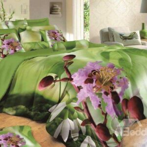New Arrival Lovely Flowers Print 4 Piece Green Bedding Sets