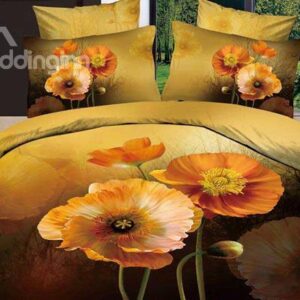 New Arrival Lovely Yellow Poppy Flower Print 4 Piece Bedding Sets
