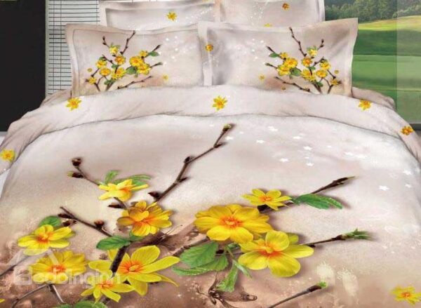 New Arrival Adorable Yellow Flowers Print 4 Piece Green Bedding Sets