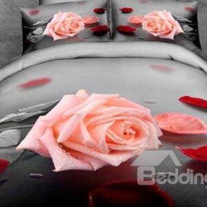 New Arrival Beautiful Pink Rose and Red Petals Print 4 Piece Bedding Sets