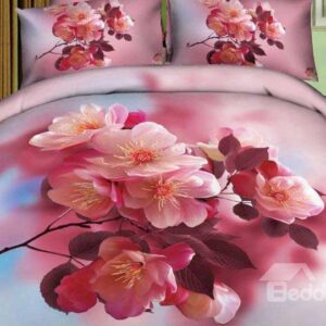 New Arrival Beautiful Pink Peach Blossoms Print 4 Piece Bedding Sets