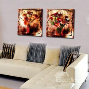 New Arrival Oil-painting Style Flowers in Vase Print 2-piece Cross Film Wall Art Prints