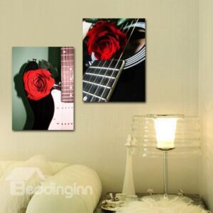 New Arrival Beautiful Roses on the Strings of Guitar Print 2-piece Cross Film Wall Art Prints