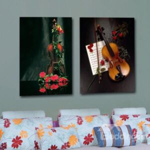 New Arrival Beautiful Violin Twined by Red Flowers Print 2-piece Cross Film Wall Art Prints