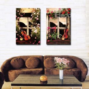 New Arrival Beautiful Violins Against the Floral Windows Print 2-piece Cross Film Wall Art Prints