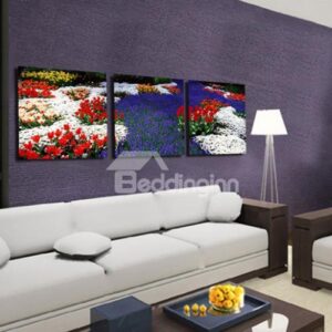 New Arrival Beautiful Sea of Colorful Flowers Print 3-piece Cross Film Wall Art Prints