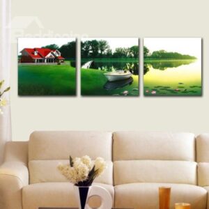 New Arrival Beautiful Cabin and Boat by the Lake Print 3-piece Cross Film Wall Art Prints