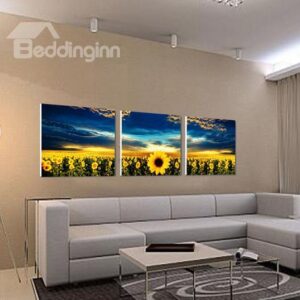 New Arrival Beautiful Sunflowers and Blue Sky Print 3-piece Cross Film Wall Art Prints
