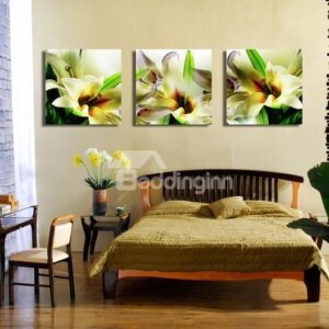 New Arrival Elegant Lily Flowers and Green Leaves Print 3-piece Cross Film Wall Art Prints