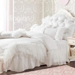 New Arrival Princess Style Pure White Lace Borders Bed-skirt 4 Piece Bedding Sets