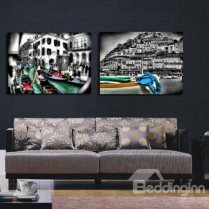 New Arrival Elegant Boats and Houses Print 2-piece Cross Film Wall Art Prints