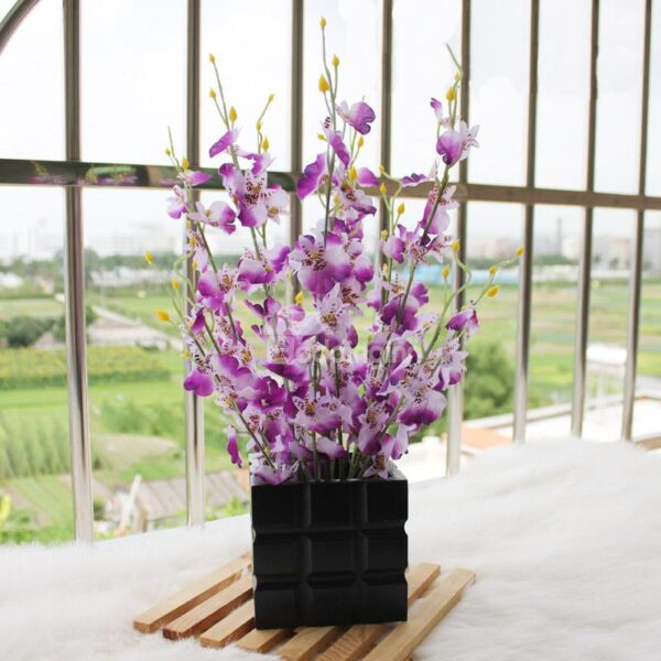 New Arrival Lovely Purple Flowers in Black Square Vase Decorative Artificial Flower Set