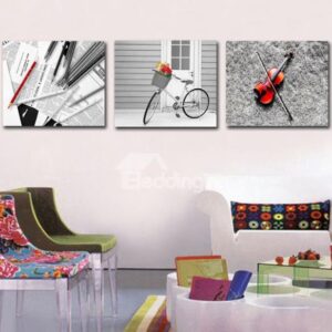 New Arrival Modern Style Lovely Bike and Violin Print 3-piece Cross Film Wall Art Prints