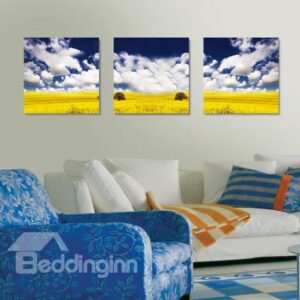 New Arrival Beautiful Blue Sky and Yellow Plain Print 3-piece Cross Film Wall Art Prints