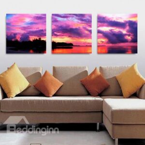 New Arrival Amazing Purple Sky and Lake 3-piece Cross Film Wall Art Prints