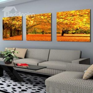 New Arrival Elegant Golden Maple Tree and Leaves Print 3-piece Cross Film Wall Art Prints