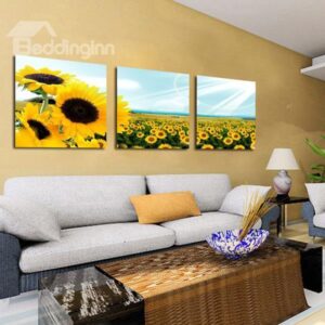 New Arrival Lovely Sunflowers Blossoms Print 3-piece Cross Film Wall Art Prints