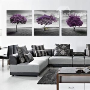 New Arrival Elegant Purple Tree and Grey Sky Print 3-piece Cross Film Wall Art Prints