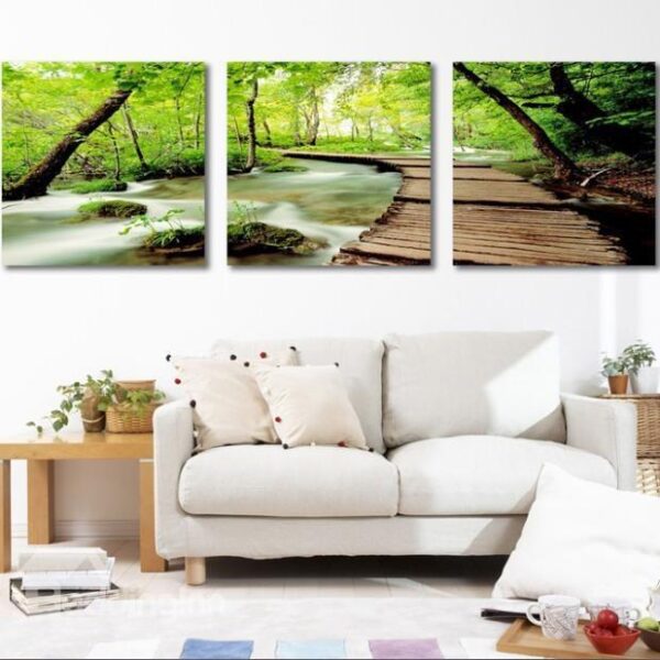 New Arrival Lovely Green Trees and Path 3-piece Cross Film Wall Art Prints