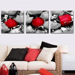 New Arrival Beautiful Red and Grey Roses Print 3-piece Cross Film Wall Art Prints