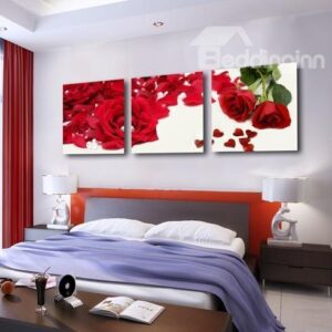 New Arrival Luxurious Red Roses and Petals Print 3-piece Cross Film Wall Art Prints