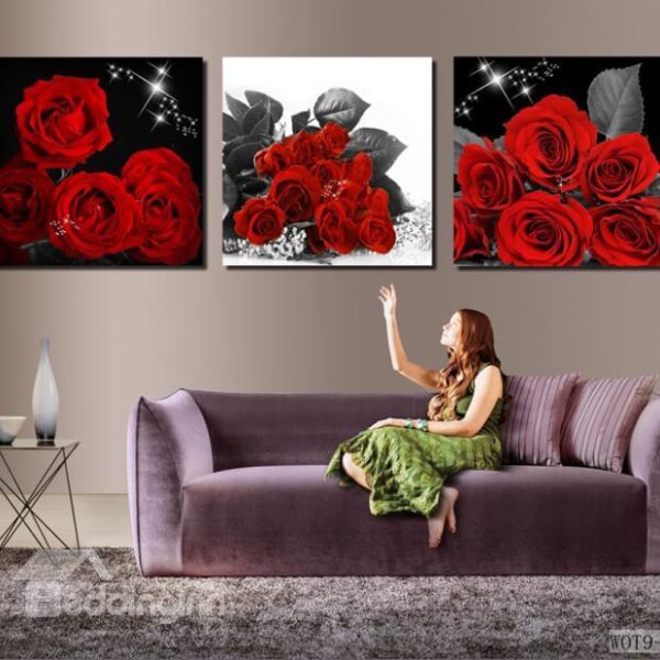 New Arrival Luxurious Red Roses Blossoms Print 3-piece Cross Film Wall Art Prints