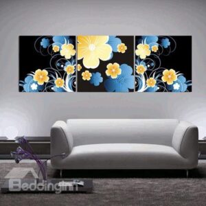 New Arrival Modern Style Lovely Blue and Yellow Flowers Print 3-piece Cross Film Wall Art Prints