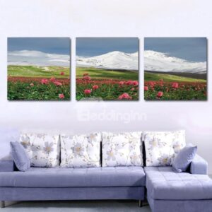 New Arrival Beautiful Pink Flowers and Snow Mountain Print 3-piece Cross Film Wall Art Prints