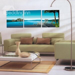 New Arrival Beautiful Blue Sea and Lounge Chairs Print 3-piece Cross Film Wall Art Prints