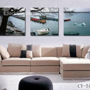 New Arrival Beautiful A Row of Boats by the Lake Scenery 3-piece Cross Film Wall Art Prints