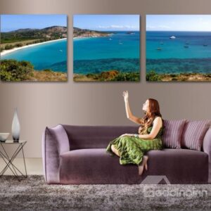 New Arrival Lovely Blue Ocean and Beach Scenery 3-piece Cross Film Wall Art Prints