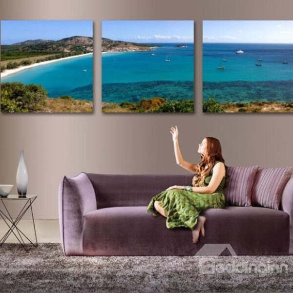 New Arrival Lovely Blue Ocean and Beach Scenery 3-piece Cross Film Wall Art Prints