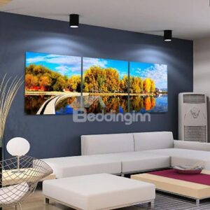 New Arrival Beautiful Yellow Trees and Shadows Print 3-piece Cross Film Wall Art Prints