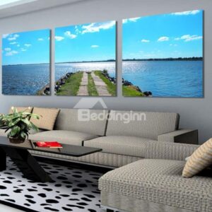 New Arrival Beautiful Blue Sea and Beach Road Print 3-piece Cross Film Wall Art Prints