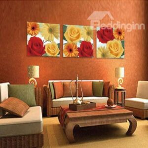 New Arrival Lovely Colorful Roses and Lilies Print 3-piece Cross Film Wall Art Prints