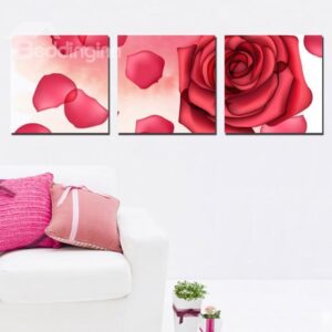 New Arrival Romantic Red Rose and Petals Print 3-piece Cross Film Wall Art Prints
