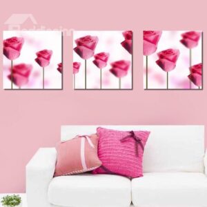 New Arrival Lovely Pink Roses Print 3-piece Cross Film Wall Art Prints