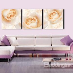New Arrival Lovely Champagne Roses Print 3-piece Cross Film Wall Art Prints