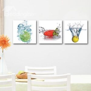 New Arrival Lovely Lemons and Strawberry in Water Print 3-piece Cross Film Wall Art Prints