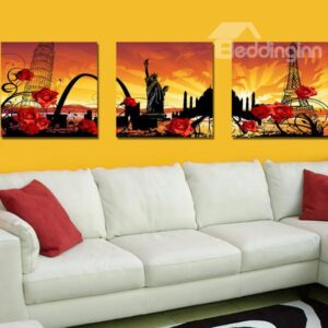New Arrival Beautiful Red Roses and Famous Spots Print 3-piece Cross Film Wall Art Prints
