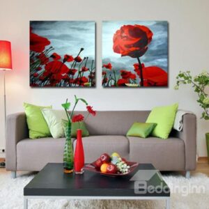 New Arrival Oil-painting Style Lovely Red Flower Blossoms Print 2-piece Cross Film Wall Art Prints